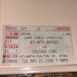 1995 World Champion Atlanta Braves vs Chicago Cubs Ticket Stub - Pink/White